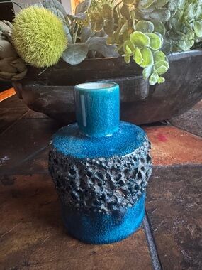 Blue Ceramic Textured Bud Vase fat black lava german vintage otto